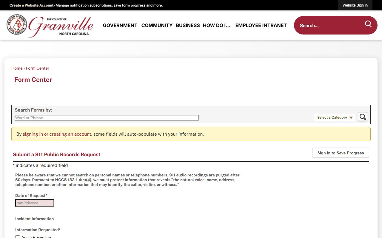 Granville County Clerk records and 911 public records request form