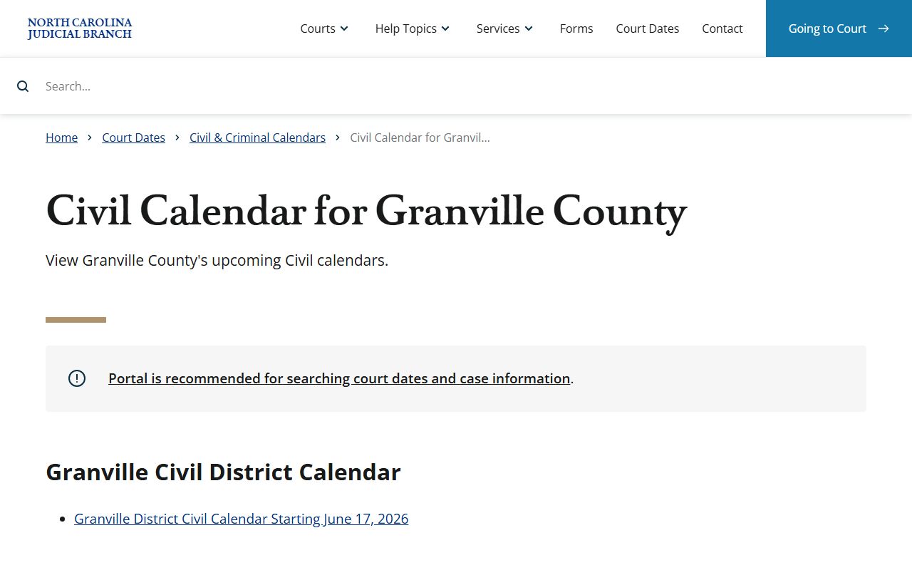 Granville County court dockets civil calendar page