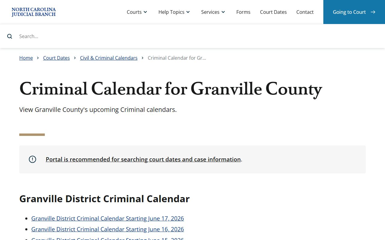 Granville County court dockets criminal calendar page