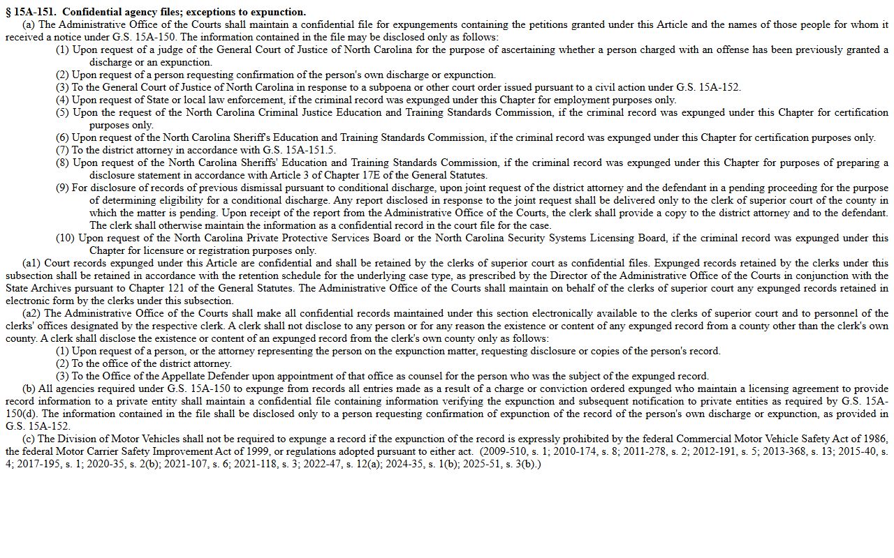 Granville County criminal court records G.S. 15A-151 expunction statute