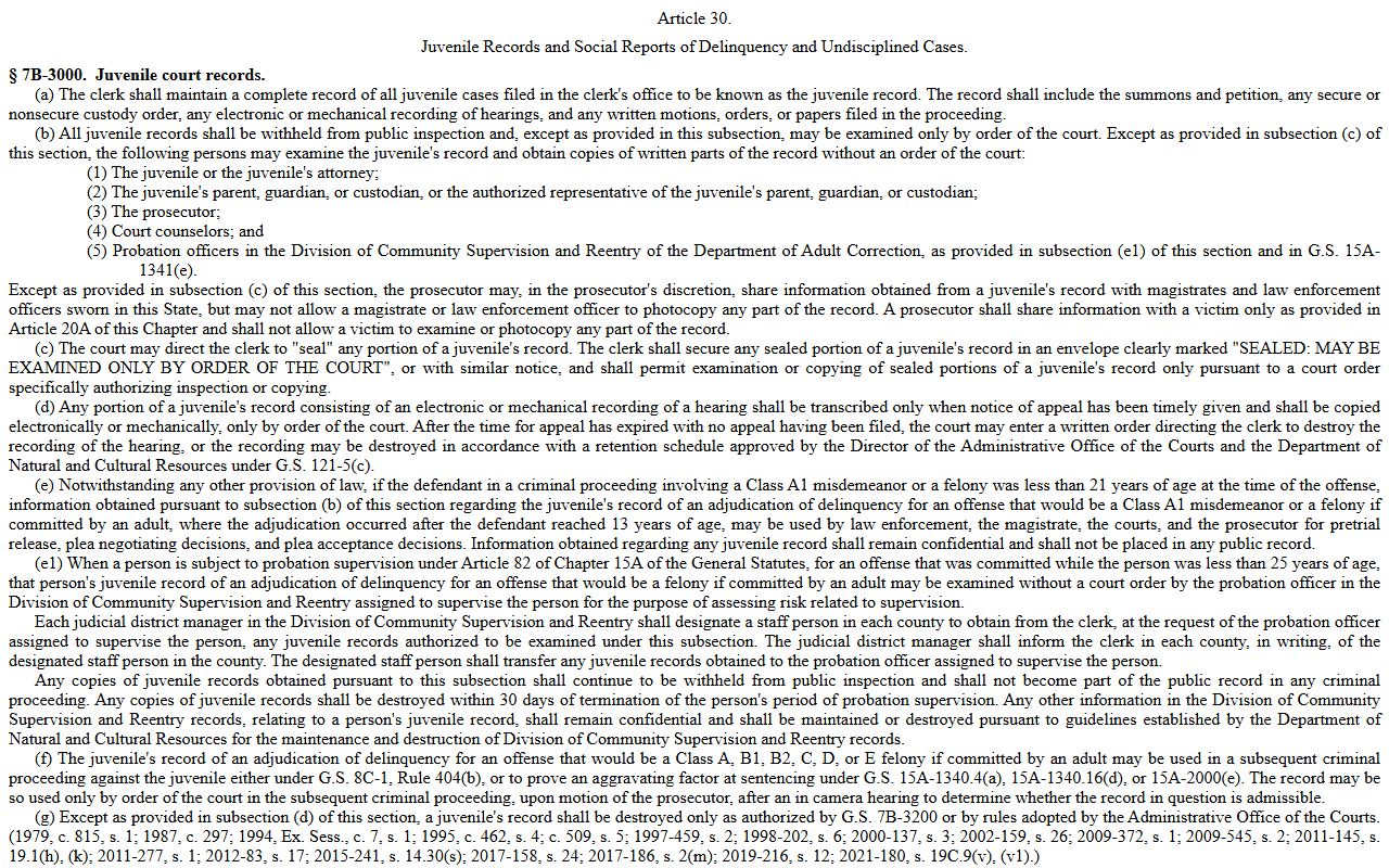 Granville County Superior Court juvenile records statute