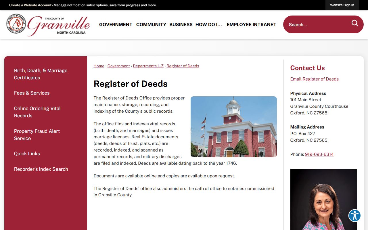 Granville County marriage records Register of Deeds page