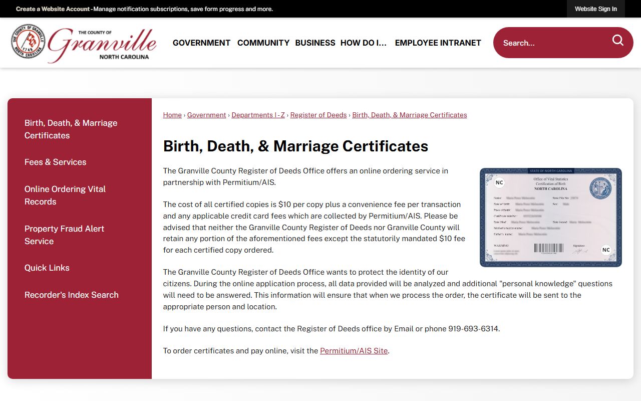 Granville County marriage records birth death marriage certificates page
