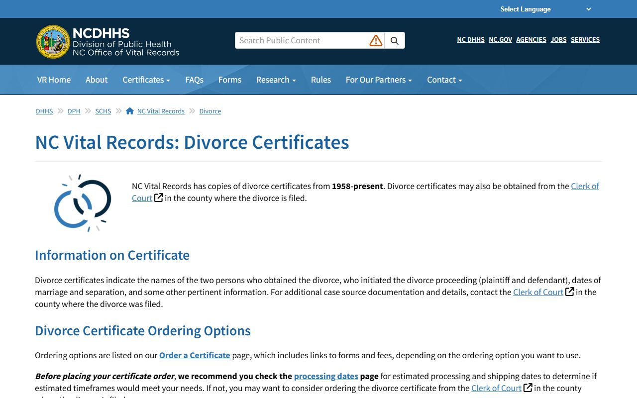 Granville County divorce records NC Vital Records divorce certificate page