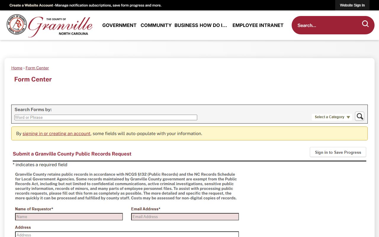 Granville County warrant records public records request source